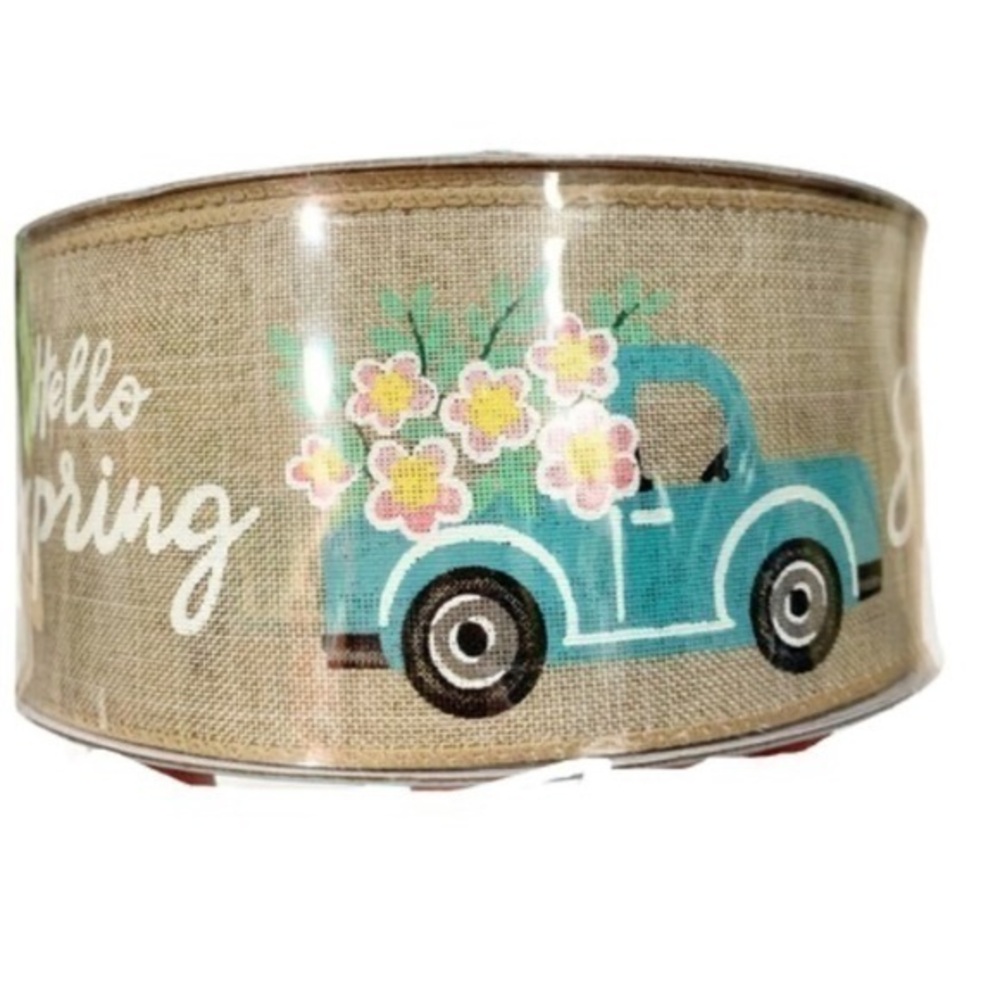 NWT Hello Spring Truck Ribbon Wired Craft Premium Ribbon Wreath Floral Truck